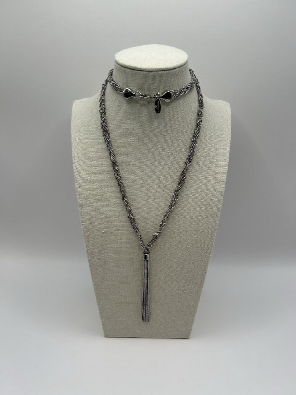 Ann Taylor Tassel Necklace LONG Silver Tone Braided Chain Signed Jewelry Gift - Picture 1 of 9